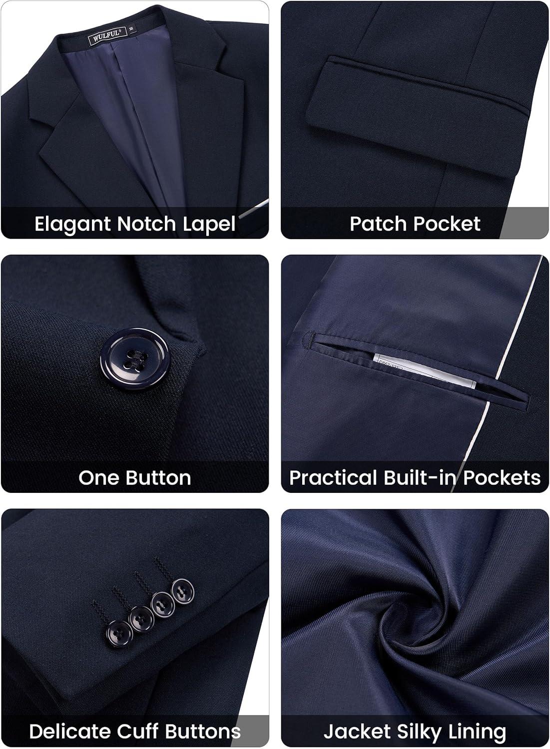 imageWULFUL Mens Suit 3 Piece Slim Fit Suits for Men One Button Blazer Jacket Pants Tuxedo Suit Set for Prom Wedding and BusinessNavy
