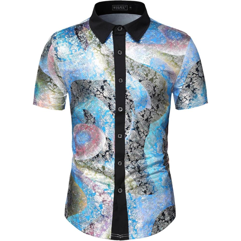imageWULFUL Mens Disco Shirt Short Sleeve Dress Shirts Sequins 70s Party Costume Button Down Shirts