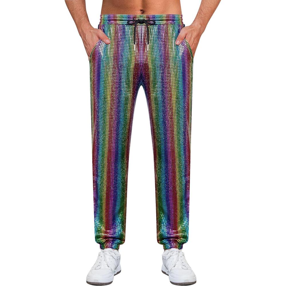 imageWULFUL Mens Metallic 70s Disco Costume Sequin Party Jogger PantsMulticoloured
