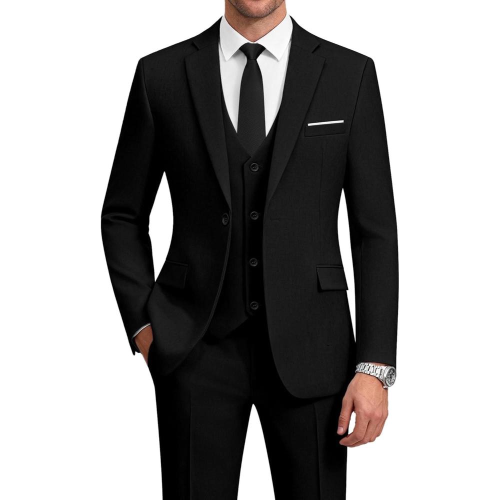 imageWULFUL Mens Suit 3 Piece Slim Fit Suits for Men One Button Blazer Jacket Pants Tuxedo Suit Set for Prom Wedding and BusinessBlack