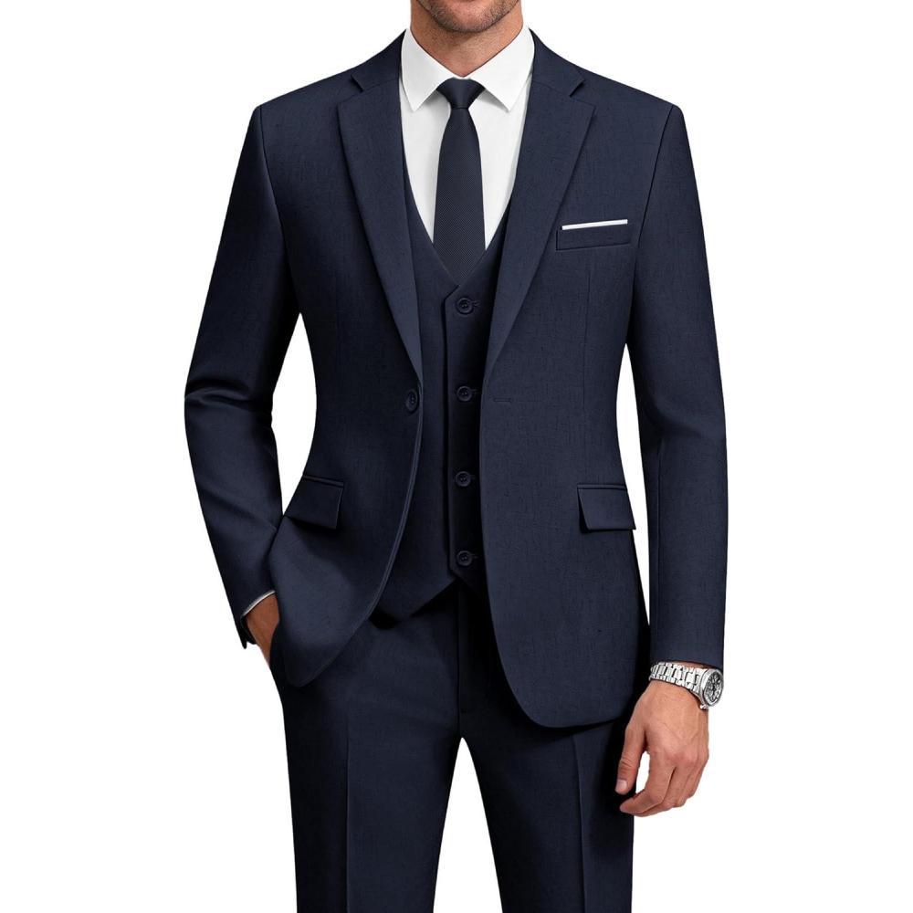 imageWULFUL Mens Suit 3 Piece Slim Fit Suits for Men One Button Blazer Jacket Pants Tuxedo Suit Set for Prom Wedding and BusinessNavy