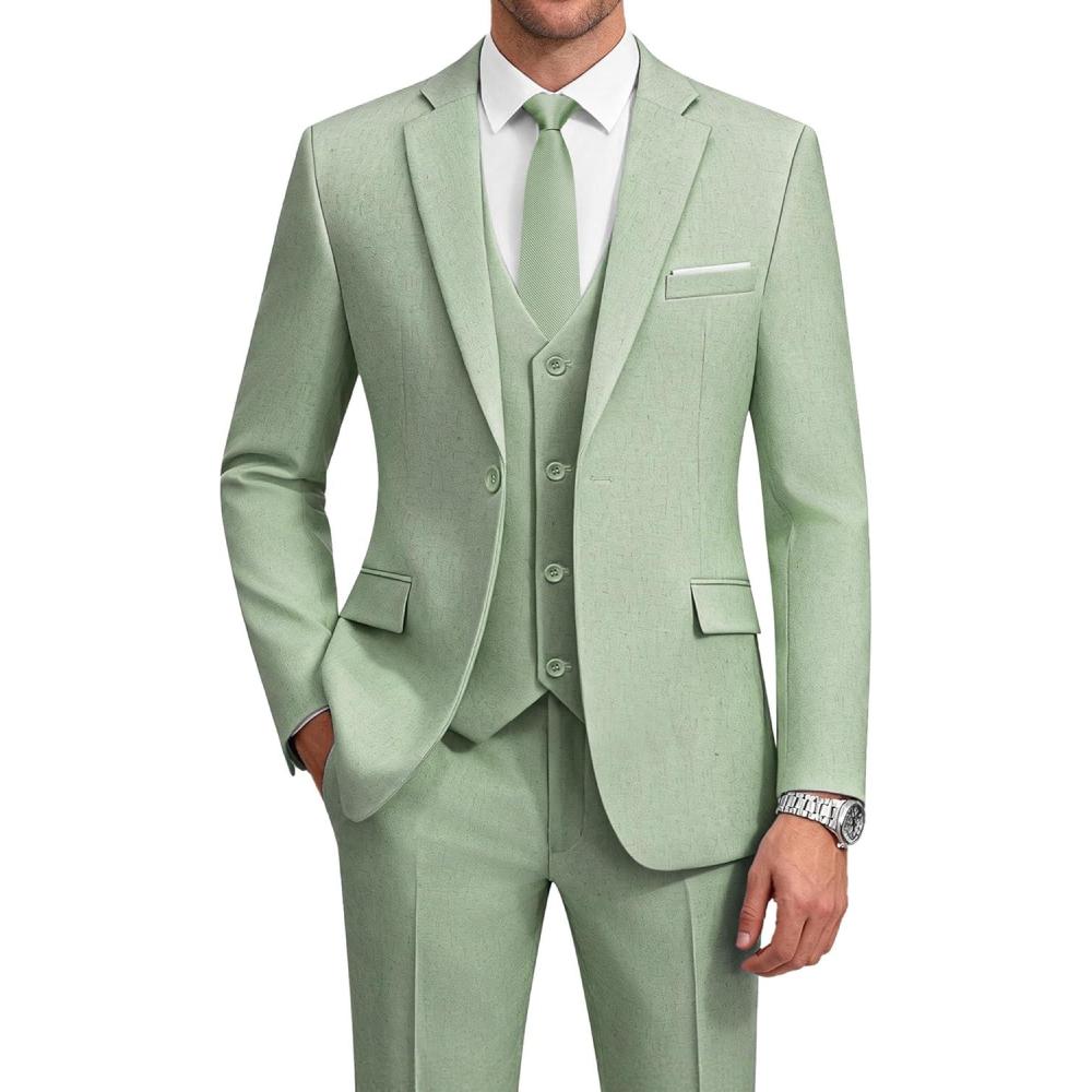 imageWULFUL Mens Suit 3 Piece Slim Fit Suits for Men One Button Blazer Jacket Pants Tuxedo Suit Set for Prom Wedding and BusinessSage Green