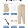 WULFUL Boys Suits 5-Pieces Formal Slim Fit Tuxedo Suit Set,Teen Suits for Wedding Ring Bearer Church Outfit(Light Khaki)