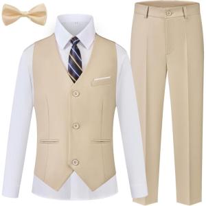 WULFUL Boys Suits 5-Pieces Formal Slim Fit Tuxedo Suit Set,Teen Suits for Wedding Ring Bearer Church Outfit(Light Khaki)
