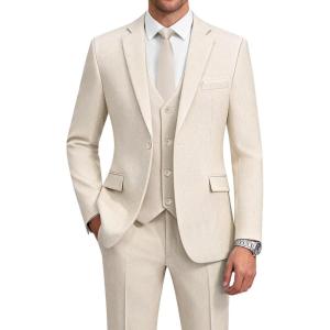 WULFUL Mens Suit 3 Piece Slim Fit Suits for Men One Button Blazer Jacket Pants Tuxedo Suit Set for Prom, Wedding and Business(Beige)