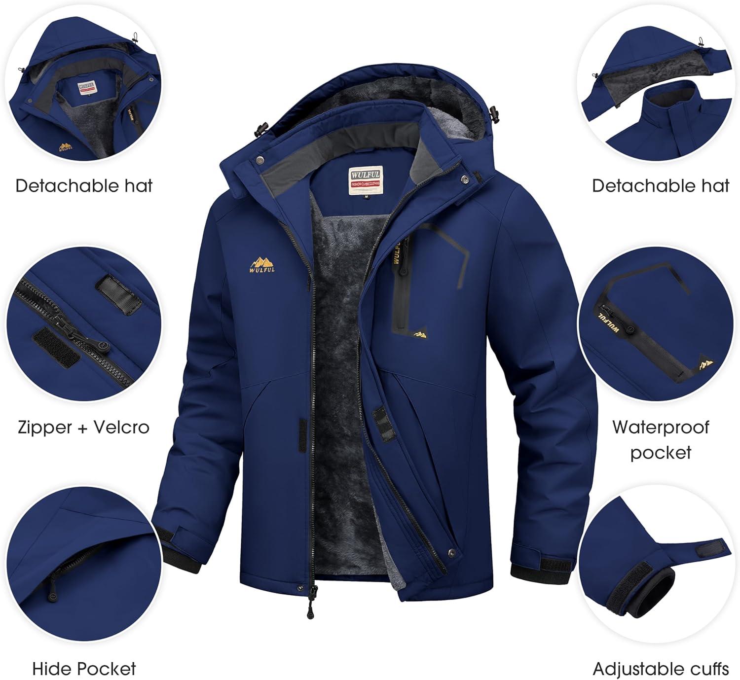 imageWULFUL Mens Ski Jackets Warm Winter Snow Windbreaker Resistant Snowboard Fleece Coat Mountain Waterproof Parka with Hood