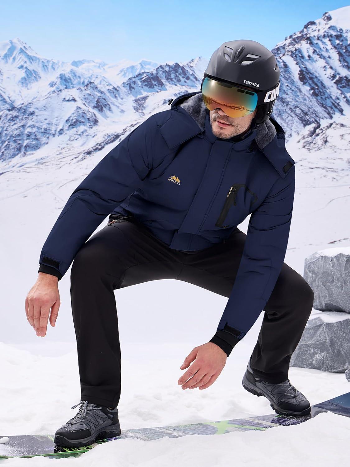 imageWULFUL Mens Ski Jackets Warm Winter Snow Windbreaker Resistant Snowboard Fleece Coat Mountain Waterproof Parka with Hood