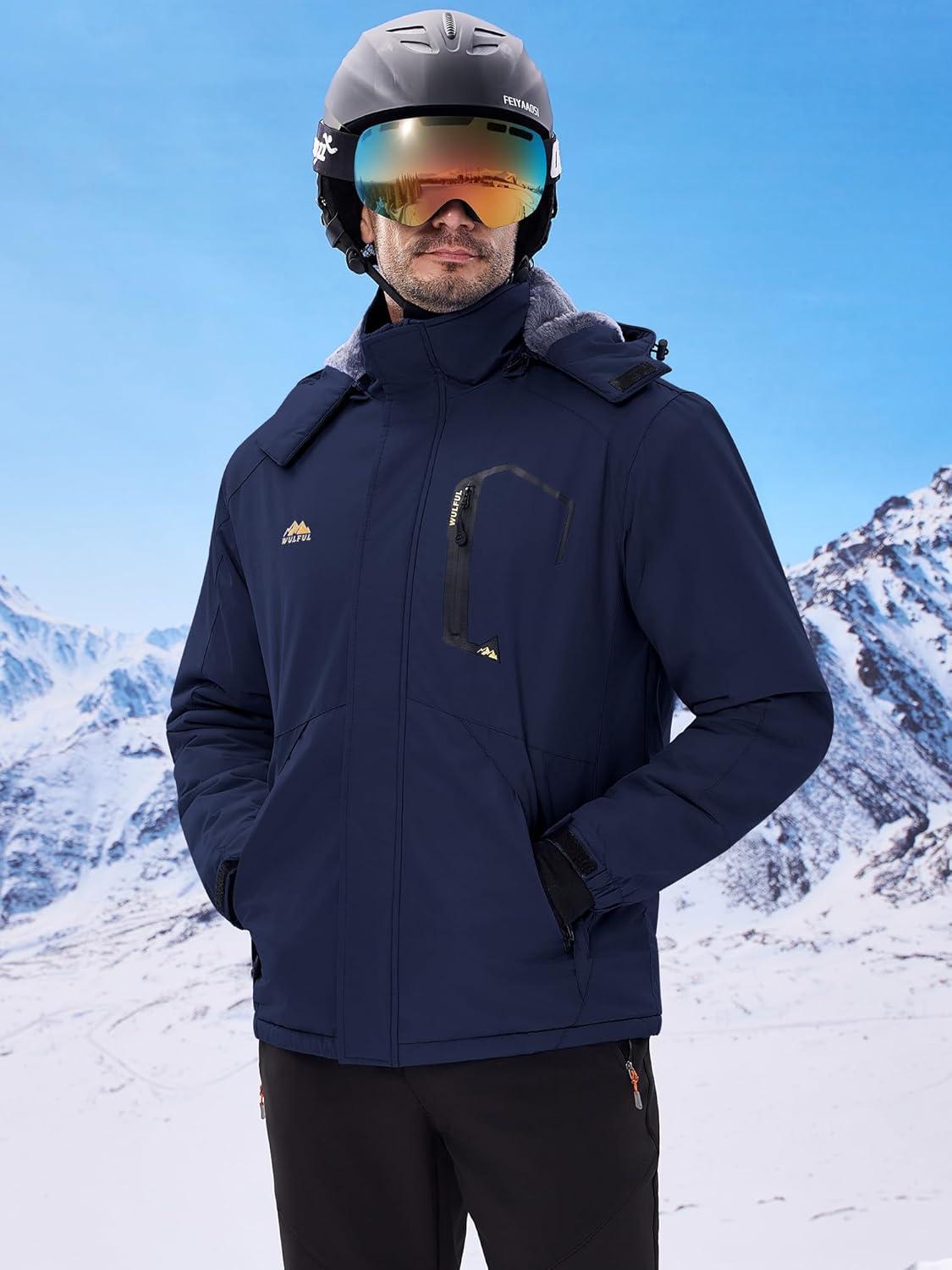 imageWULFUL Mens Ski Jackets Warm Winter Snow Windbreaker Resistant Snowboard Fleece Coat Mountain Waterproof Parka with Hood