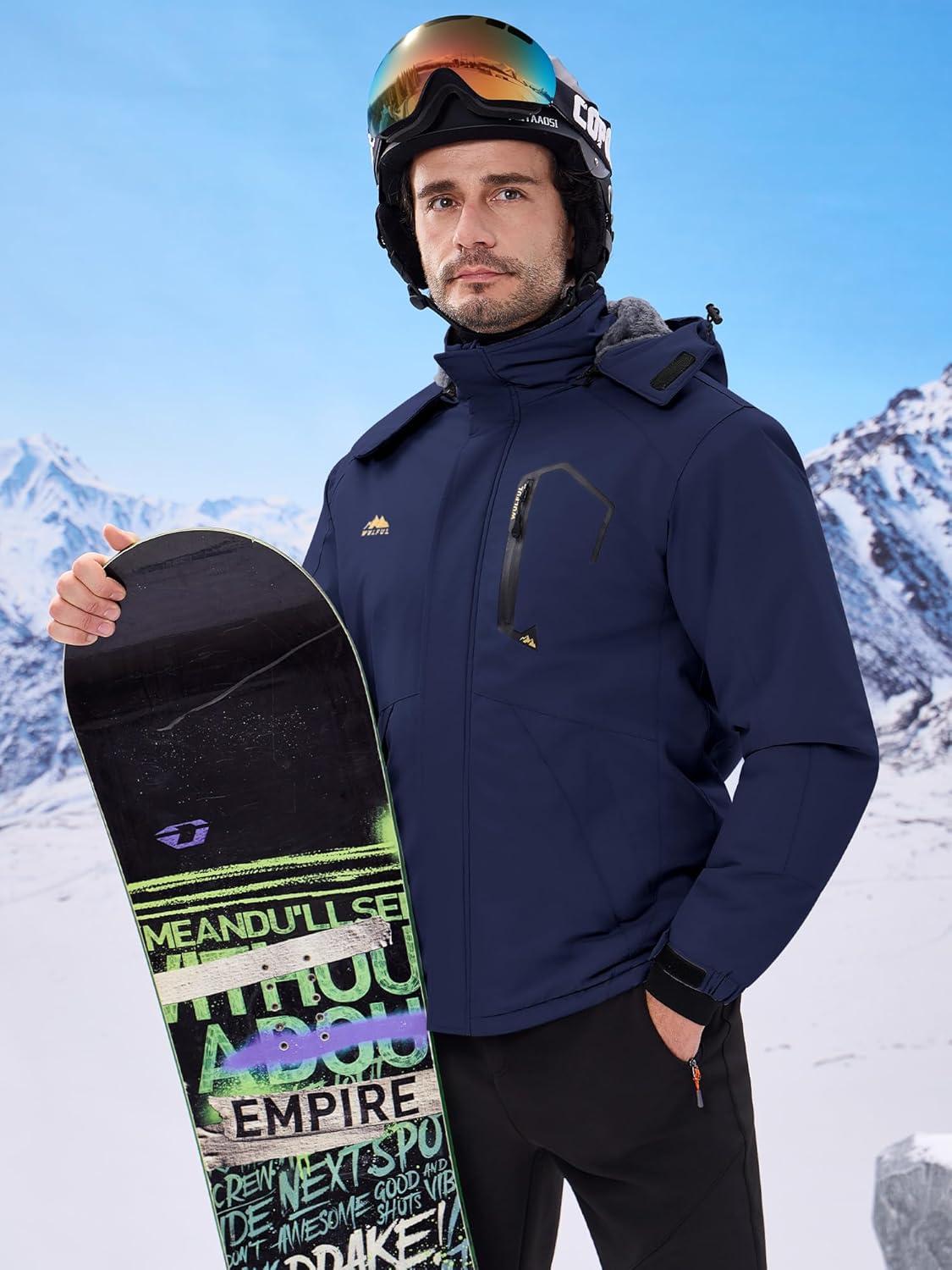 imageWULFUL Mens Ski Jackets Warm Winter Snow Windbreaker Resistant Snowboard Fleece Coat Mountain Waterproof Parka with Hood
