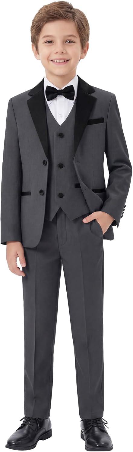 imageWULFUL Boys Suits 5Piece Tuxedo Suit Set Jacket Pants Shirt Vest amp Bow Tie for Kids Wedding Ring Bearer PartyDark Grey