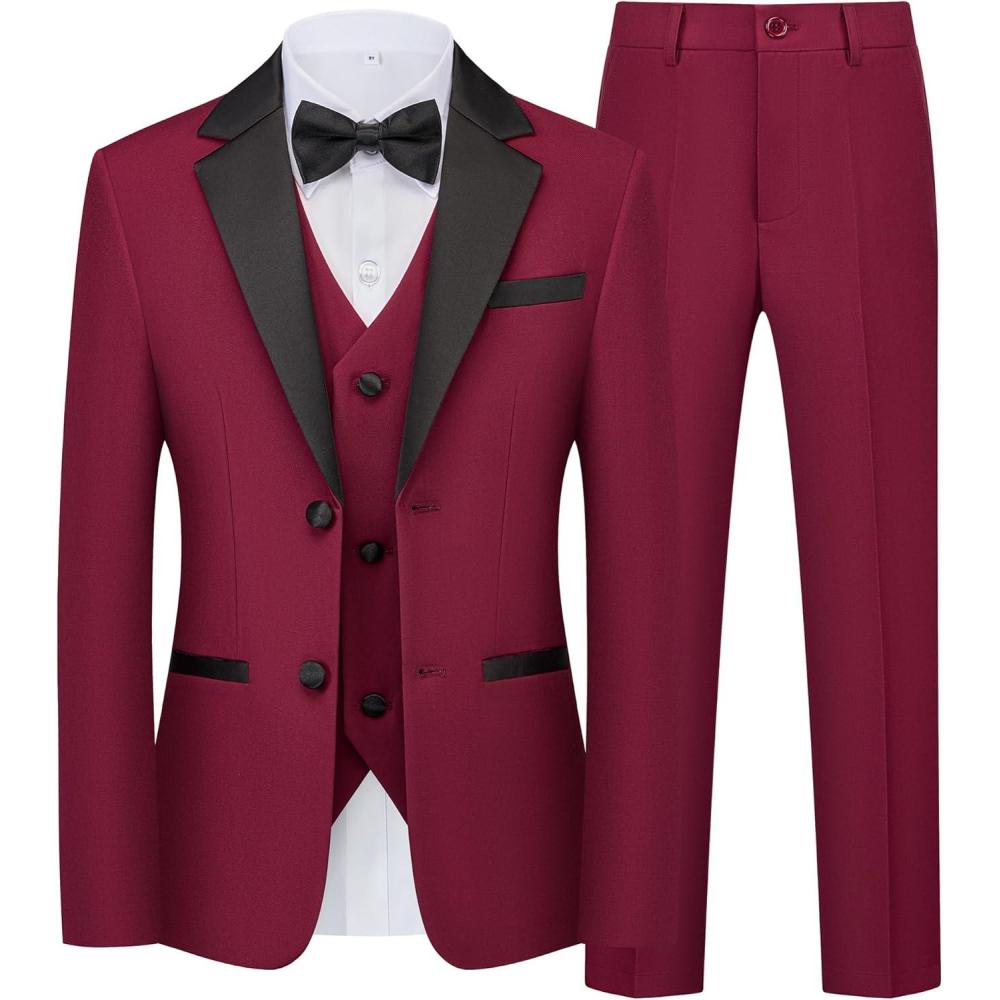imageWULFUL Boys Suits 5Piece Tuxedo Suit Set Jacket Pants Shirt Vest amp Bow Tie for Kids Wedding Ring Bearer PartyWine Red