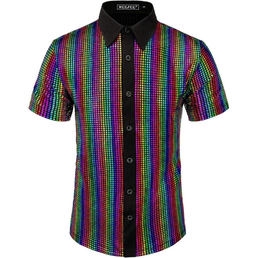 imageWULFUL Mens Disco Shirt Sequins Short Sleeve Button Down Shirts 70s Party Costume Dress ShirtsMuliticolor