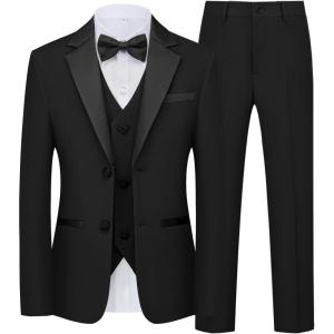WULFUL Boys Suits 5-Piece Tuxedo Suit Set: Jacket, Pants, Shirt, Vest & Bow Tie for Kids Wedding Ring Bearer Party(Black)