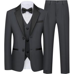 WULFUL Boys Suits 5-Piece Tuxedo Suit Set: Jacket, Pants, Shirt, Vest & Bow Tie for Kids Wedding Ring Bearer Party(Dark Grey)