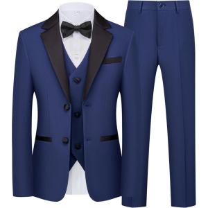 WULFUL Boys Suits 5-Piece Tuxedo Suit Set: Jacket, Pants, Shirt, Vest & Bow Tie for Kids Wedding Ring Bearer Party(Navy)