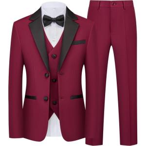 WULFUL Boys Suits 5-Piece Tuxedo Suit Set: Jacket, Pants, Shirt, Vest & Bow Tie for Kids Wedding Ring Bearer Party(Wine Red)