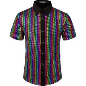 WULFUL Men’s Disco Shirt Sequins Short Sleeve Button Down Shirts 70s Party Costume Dress Shirts(Muliticolor)