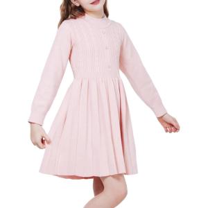WULFUL Girl’s Sweater Dress Long Sleeve Button Pleated Casual Fall Winter Knit Dresses 5-12Y(Light Pink)