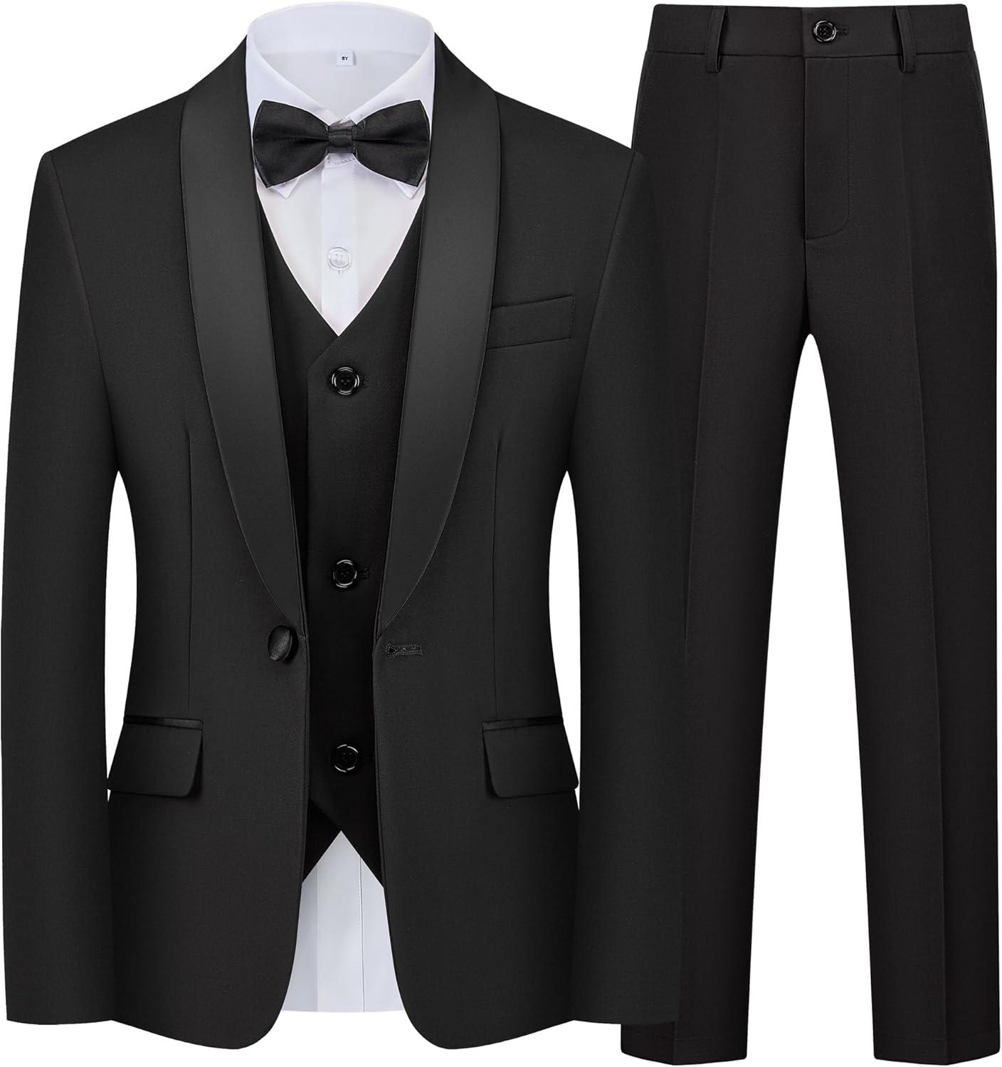 imageBoys 5 Pieces Tuxedo Suit Set Kids Suits Shawl Collar Jacket Pant Vest Pant and Bow Tie for Wedding Ring Bearer Party PromBlack