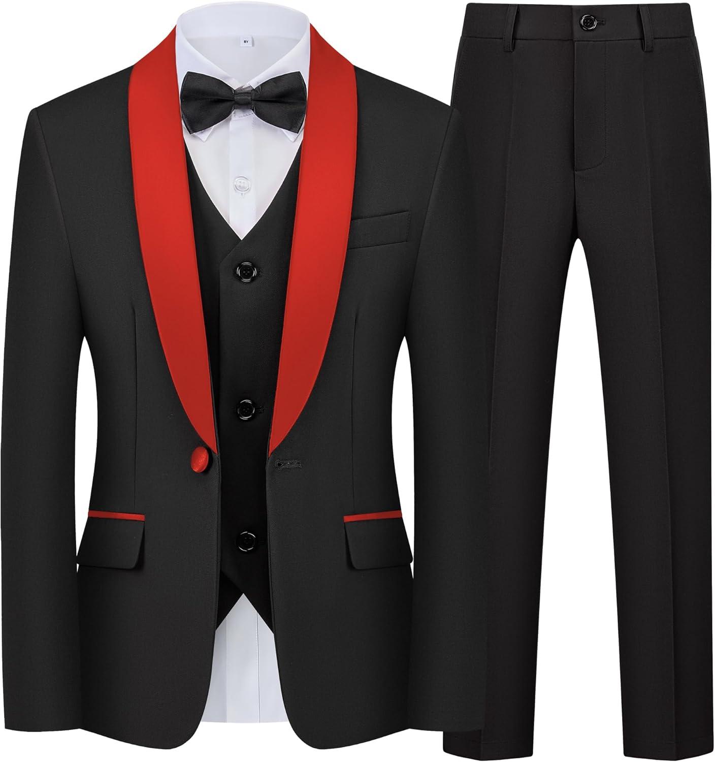 imageBoys 5 Pieces Tuxedo Suit Set Kids Suits Shawl Collar Jacket Pant Vest Pant and Bow Tie for Wedding Ring Bearer Party PromBlackred Lapel