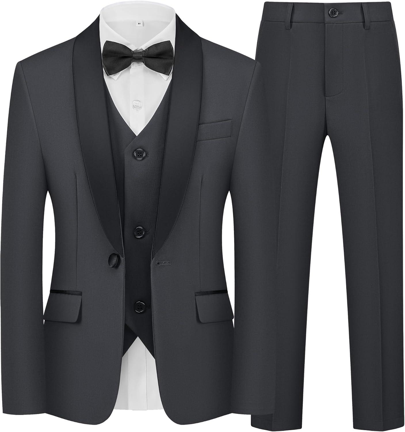 imageBoys 5 Pieces Tuxedo Suit Set Kids Suits Shawl Collar Jacket Pant Vest Pant and Bow Tie for Wedding Ring Bearer Party PromDark Grey