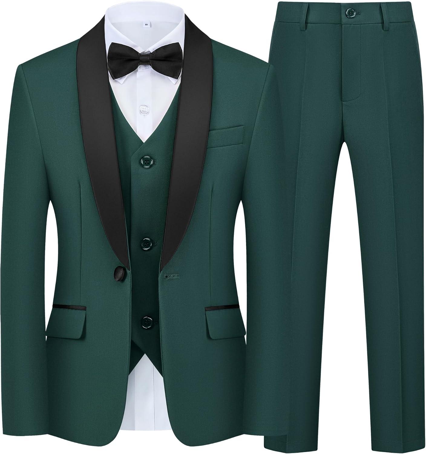 imageBoys 5 Pieces Tuxedo Suit Set Kids Suits Shawl Collar Jacket Pant Vest Pant and Bow Tie for Wedding Ring Bearer Party PromDeep Green