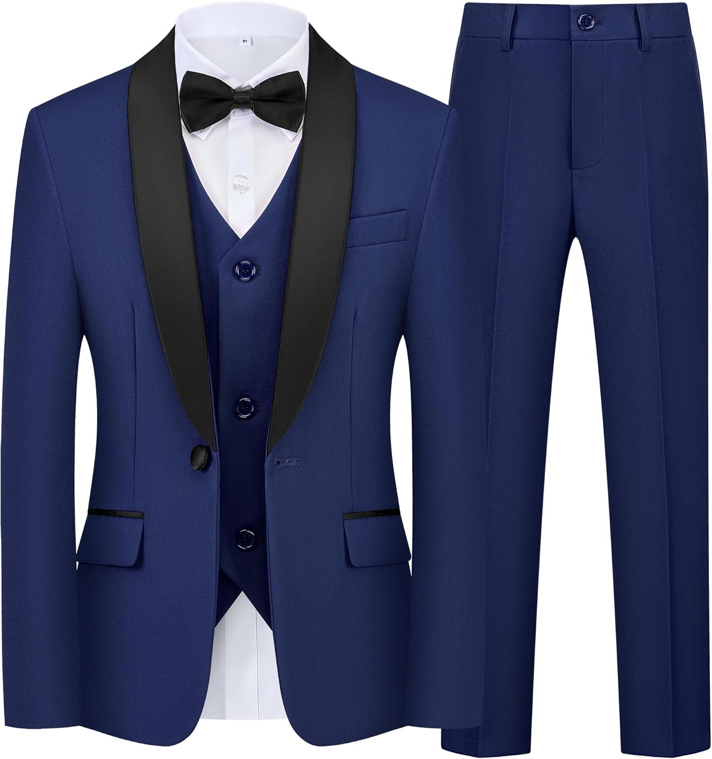 imageBoys 5 Pieces Tuxedo Suit Set Kids Suits Shawl Collar Jacket Pant Vest Pant and Bow Tie for Wedding Ring Bearer Party PromNavy