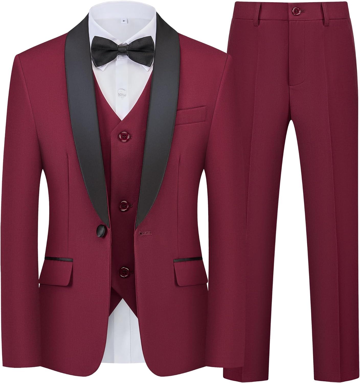 imageBoys 5 Pieces Tuxedo Suit Set Kids Suits Shawl Collar Jacket Pant Vest Pant and Bow Tie for Wedding Ring Bearer Party PromWine Red