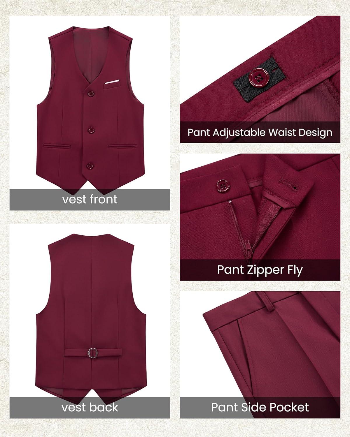 imageBoys 5 Pieces Tuxedo Suit Set Kids Suits Shawl Collar Jacket Pant Vest Pant and Bow Tie for Wedding Ring Bearer Party PromWine Red