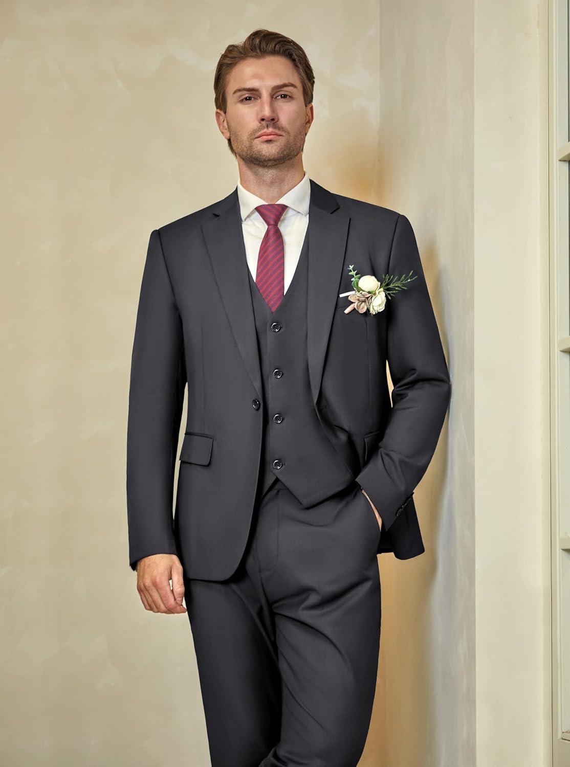 imageWULFUL Mens Slim Fit Suit One Button 3Piece Blazer Dress Business Wedding Party Jacket Vest amp Pant