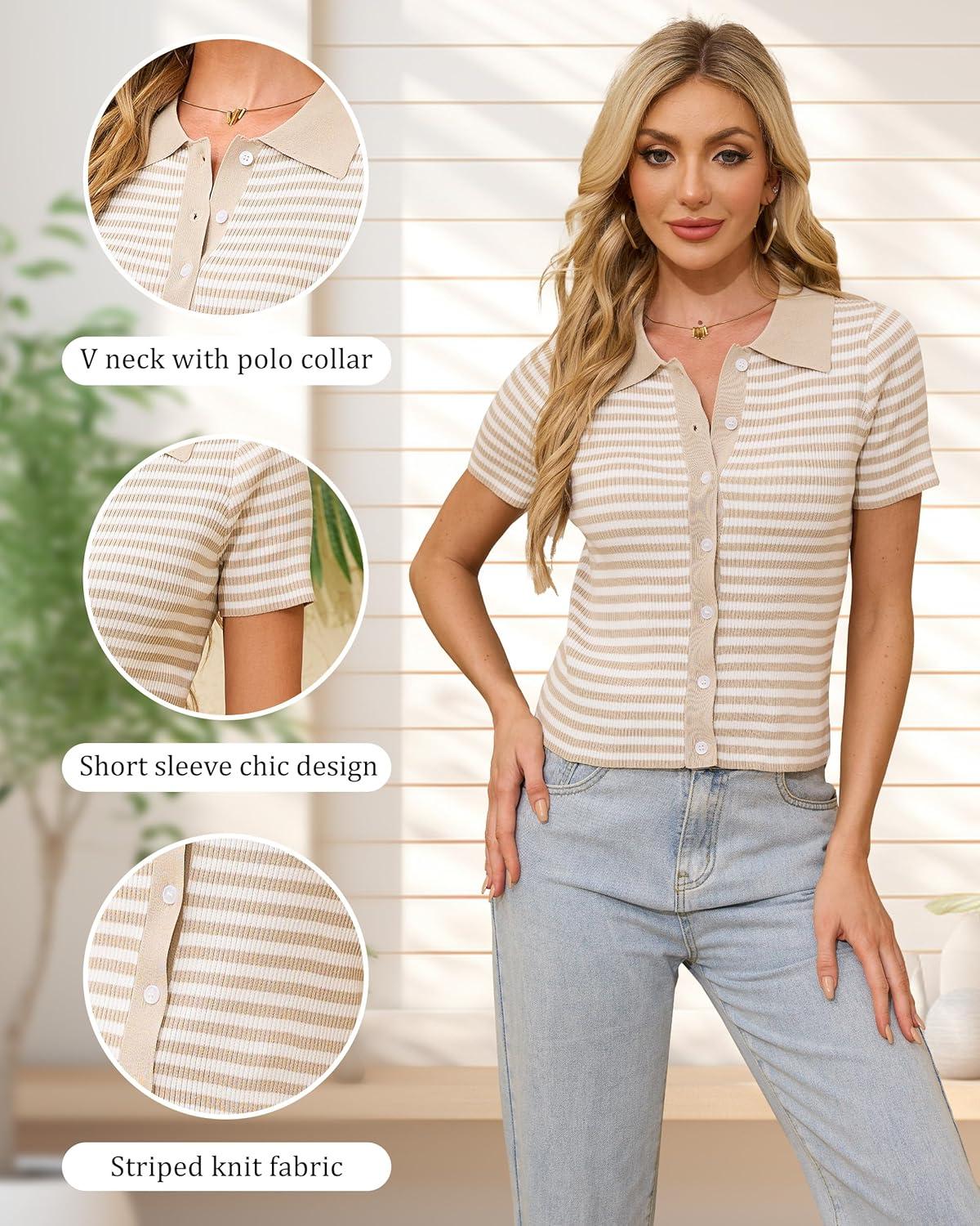 imageWULFUL Womens Short Sleeve Striped Pullover Sweater Cardigan Ribbed Knit Casual V Neck Shirt TopsApricot
