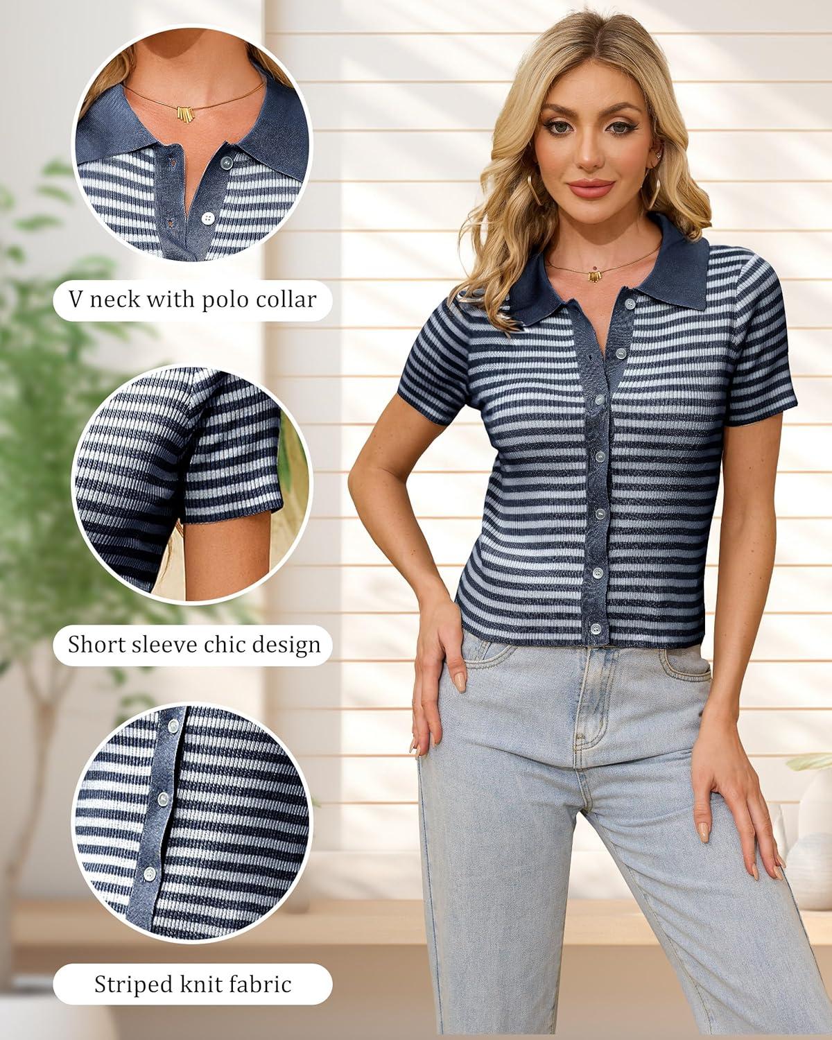 imageWULFUL Womens Short Sleeve Striped Pullover Sweater Cardigan Ribbed Knit Casual V Neck Shirt TopsNavy