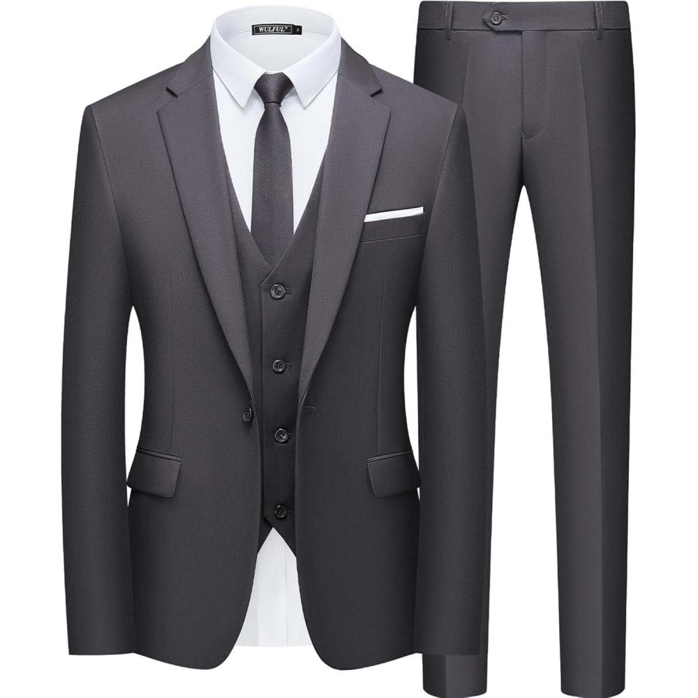 imageWULFUL Mens Slim Fit Suit One Button 3Piece Blazer Dress Business Wedding Party Jacket Vest amp Pant