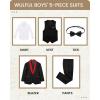 Boys 5 Pieces Tuxedo Suit Set Kids Suits Shawl Collar Jacket Pant Vest Pant and Bow Tie for Wedding Ring Bearer Party Prom(Black-red Lapel)