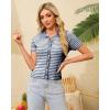 WULFUL Womens Short Sleeve Striped Pullover Sweater Cardigan Ribbed Knit Casual V Neck Shirt Tops(Navy)
