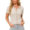 WULFUL Womens Short Sleeve Striped Pullover Sweater Cardigan Ribbed Knit Casual V Neck Shirt Tops(Apricot)