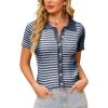 WULFUL Womens Short Sleeve Striped Pullover Sweater Cardigan Ribbed Knit Casual V Neck Shirt Tops(Navy)
