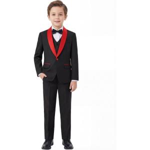 Boys 5 Pieces Tuxedo Suit Set Kids Suits Shawl Collar Jacket Pant Vest Pant and Bow Tie for Wedding Ring Bearer Party Prom(Black-red Lapel)