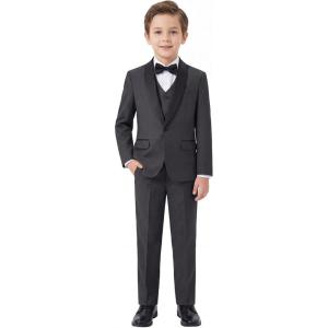 Boys 5 Pieces Tuxedo Suit Set Kids Suits Shawl Collar Jacket Pant Vest Pant and Bow Tie for Wedding Ring Bearer Party Prom(Dark Grey)