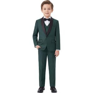 Boys 5 Pieces Tuxedo Suit Set Kids Suits Shawl Collar Jacket Pant Vest Pant and Bow Tie for Wedding Ring Bearer Party Prom(Deep Green)