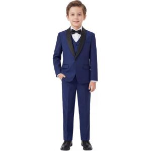 Boys 5 Pieces Tuxedo Suit Set Kids Suits Shawl Collar Jacket Pant Vest Pant and Bow Tie for Wedding Ring Bearer Party Prom(Navy)