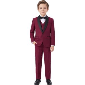 Boys 5 Pieces Tuxedo Suit Set Kids Suits Shawl Collar Jacket Pant Vest Pant and Bow Tie for Wedding Ring Bearer Party Prom(Wine Red)