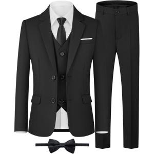 WULFUL Boys’ Formal Suit Set,Slim Fit Blazer Dress Shirt Pants with Bow Tie 6-16 Years(Black)
