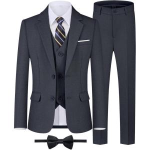 WULFUL Boys’ Formal Suit Set,Slim Fit Blazer Dress Shirt Pants with Bow Tie 6-16 Years(Dark Grey)