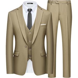 WULFUL Men’s 2 Piece Slim Fit Suit Set One Button Blazer Jacket Pants Tuxedo Set for Prom, Wedding and Business(New-khaki(5pcs/Set))