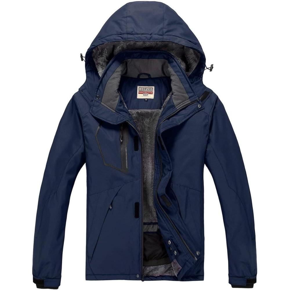 imageWULFUL Mens Waterproof Ski Jacket Warm Winter Coats Windproof Winter Jackets for Men Fleece Lined Windbreaker with HoodNavy Bluen2