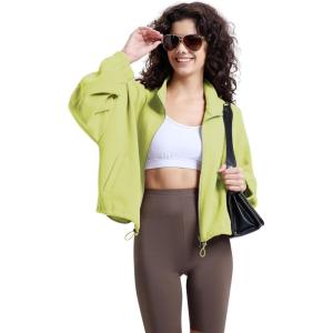 WULFUL Women’s Full Zip Cropped Sweatshirt Long Sleeve Stand Collar Casual Jacket Short(Green)