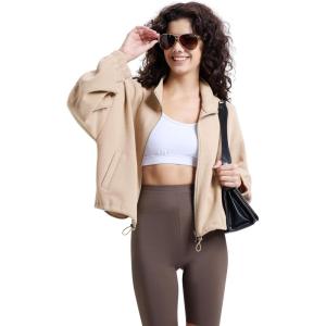 WULFUL Women’s Full Zip Cropped Sweatshirt Long Sleeve Stand Collar Casual Jacket Short(Khaki)