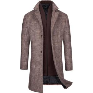 WULFUL Men Wool Trench Coat Slim Fit Winter Coat(Brown Plaid)