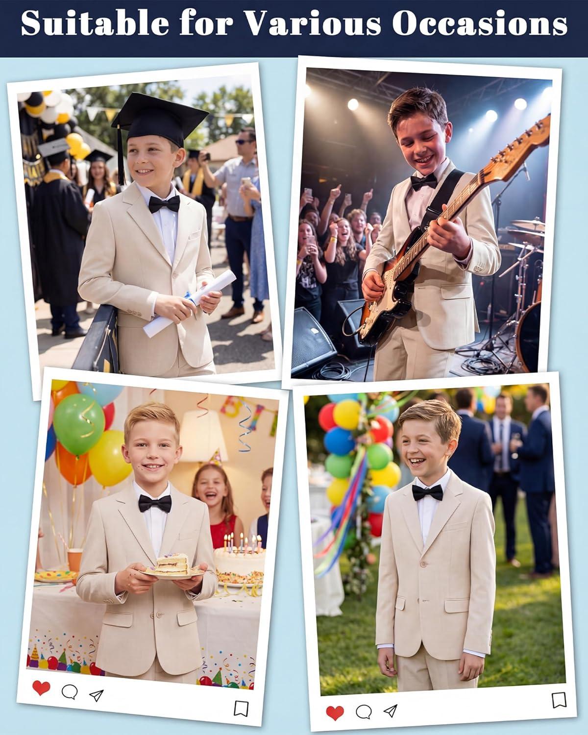 imageWULFUL Boys Slim Fit Formal Suit Set3 Piece Suit with Extra Bow Tie for Boys Teens Wedding Casual Summer OutfitBeige